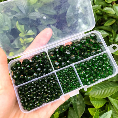 JEBBO 1000pcs Green Rondelle Crystal Glass Beads 2mm 4mm 6mm 8mm 10mm Mixed Sizes, Faceted Briolette Crystal Glass Spacer Beads for Jewelry Making with Container Box