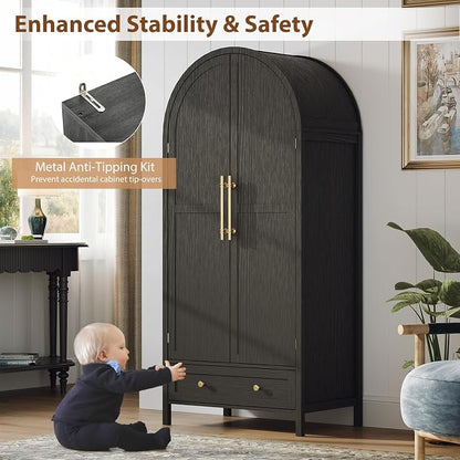 VINGLI Arched Wardrobe Closet Armoire with Doors and Drawer, Bedroom Armoires Black Wardrobe Cabinet Closet,19.7" D x 31.5" W x 69.7" H