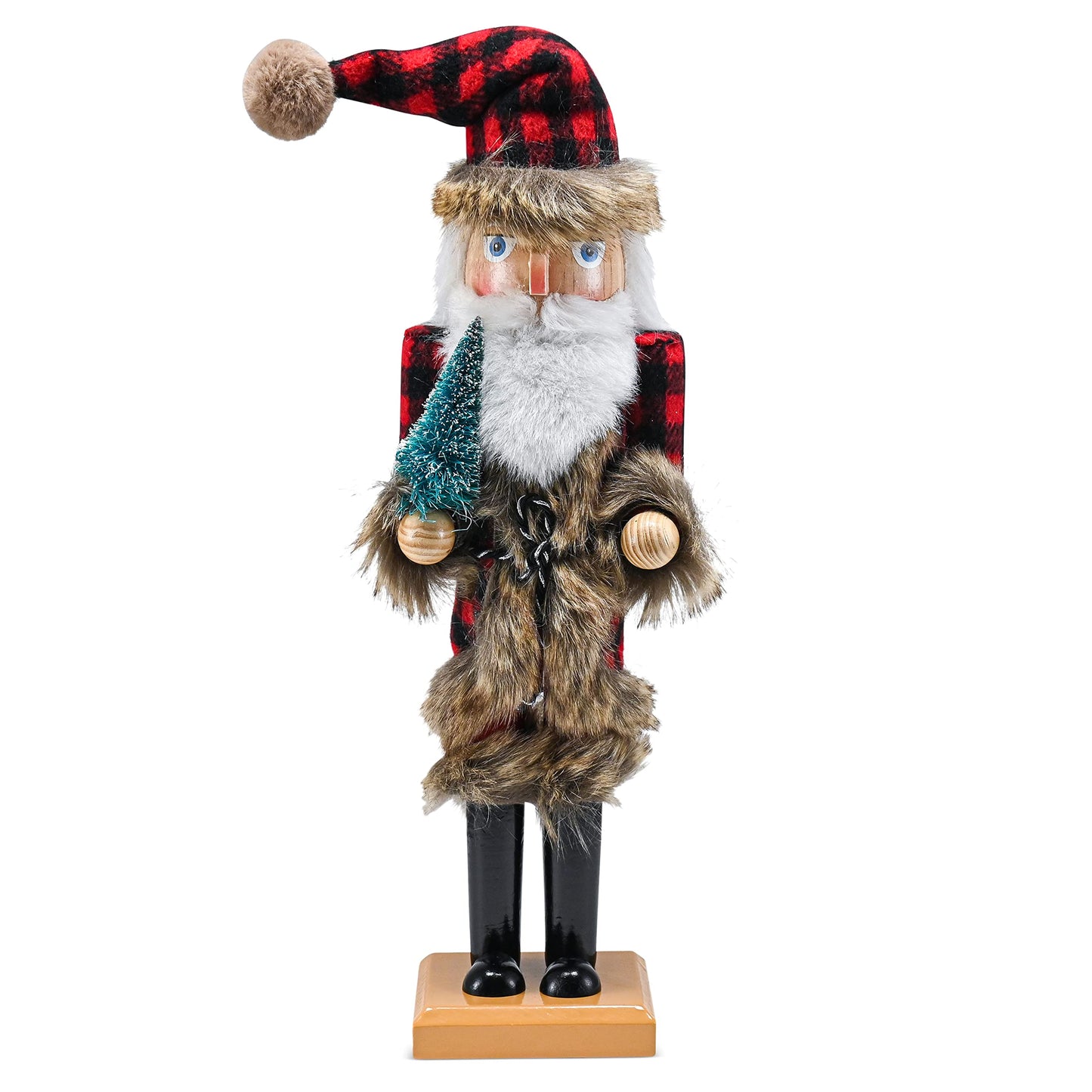 Ornativity Christmas Nostalgic Santa Nutcracker – Red and Black Wooden Nut Cracker Santa Clause Man with Buffalo Brown Fur Plaid Coat Holding a Xmas Tree Themed Holiday Doll Figure Decorations 15"