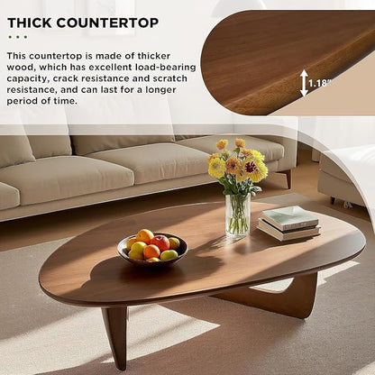 Solid Wood Triangle Coffee Table,Unique Mid Century Modern Oval Coffee Table,Irregular Geometric Tea Tables for Home Living Room with Wooden Tabletop and Reinforced Legs Walnut 43" L x 31" W x 16" H