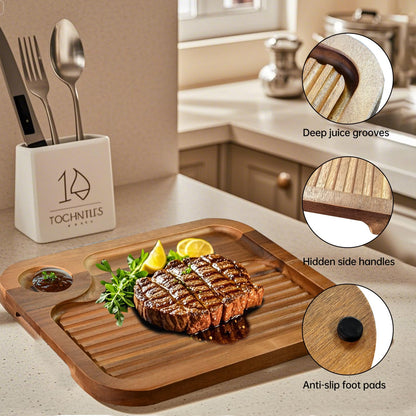 4 pcs Acacia Wood Steak Plates,Carnivore Cutting Board for Eating, Carved Meat Wooden Plate, Food Serving Tray,Cheese Charcuterie Boards with Deep Grooves & Hidden Handles