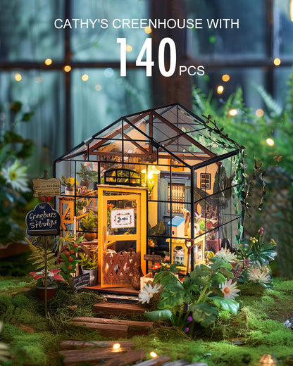 Rolife DIY Miniature Greenhouse Kit, Tiny/Mini House Making Kit with Furniture for Adults, Furniture, Halloween/Christmas Decorations, Gifts for Family and Friends (Cathy's Greenhouse)