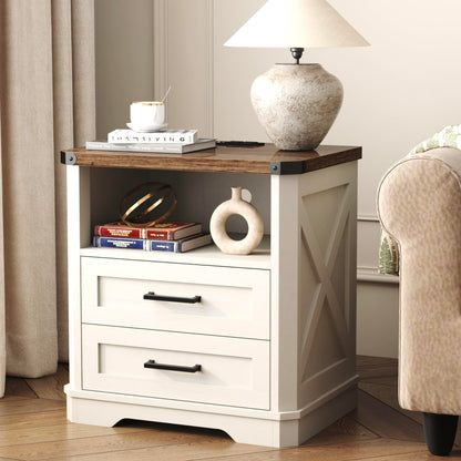 Yusong 23.62” Tall Farmhouse Nightstand, Rustic Wooden Night Stand with Charging Station, Beside Table with Drawers and Open Storage, End Tables for Bedroom, Cream White 003