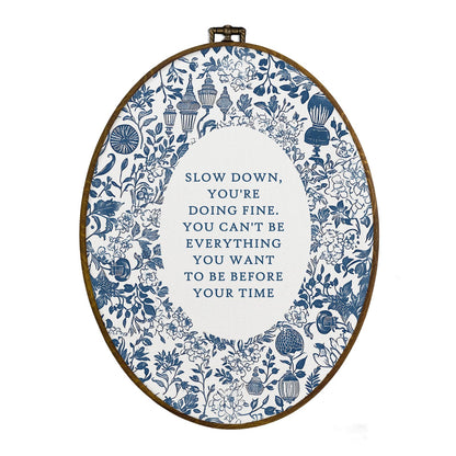 dvhdajed Slow down You're Doing Fine Oval Wall Art Decor,Blue and White Floral Botanical Framed Canvas Art, Boho Aesthetic Inspirational Wall Hanging Decor for Gallery Bedroom Office,8.7x11.3
