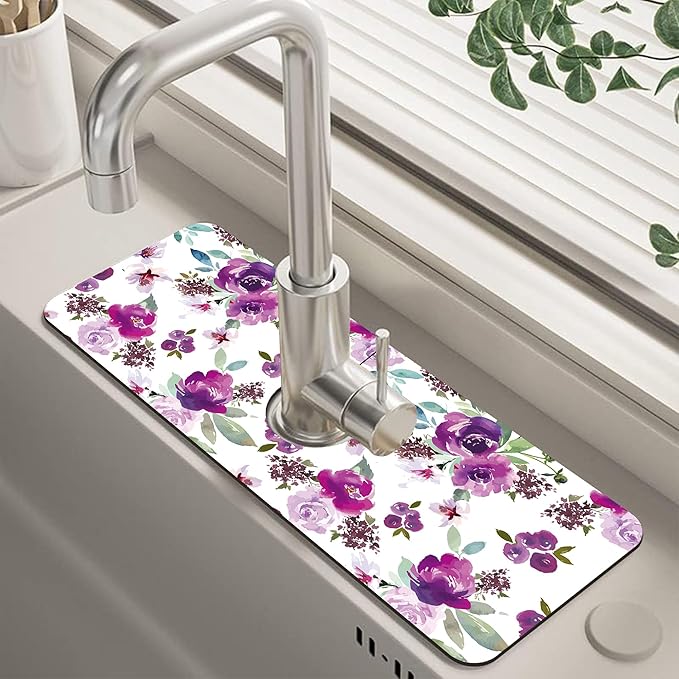 Watercolor Purple Flowers Faucet Absorbing Mat Splash Guard Draining Mat Fast