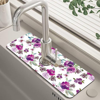 Watercolor Purple Flowers Faucet Absorbing Mat Splash Guard Draining Mat Fast