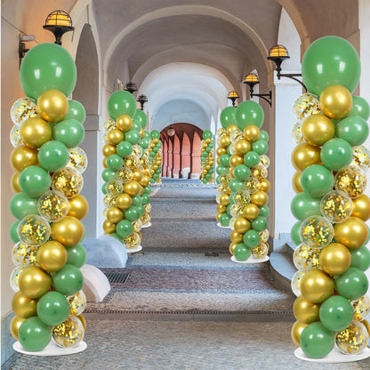 2 Sets Sage Green Balloon Column Stand Kit with 100 Balloons Spring Graduation Adjustable Balloon Tower Stand with Bases Olive Green Gold Column for Mother's Day Birthday Wedding Party Decor