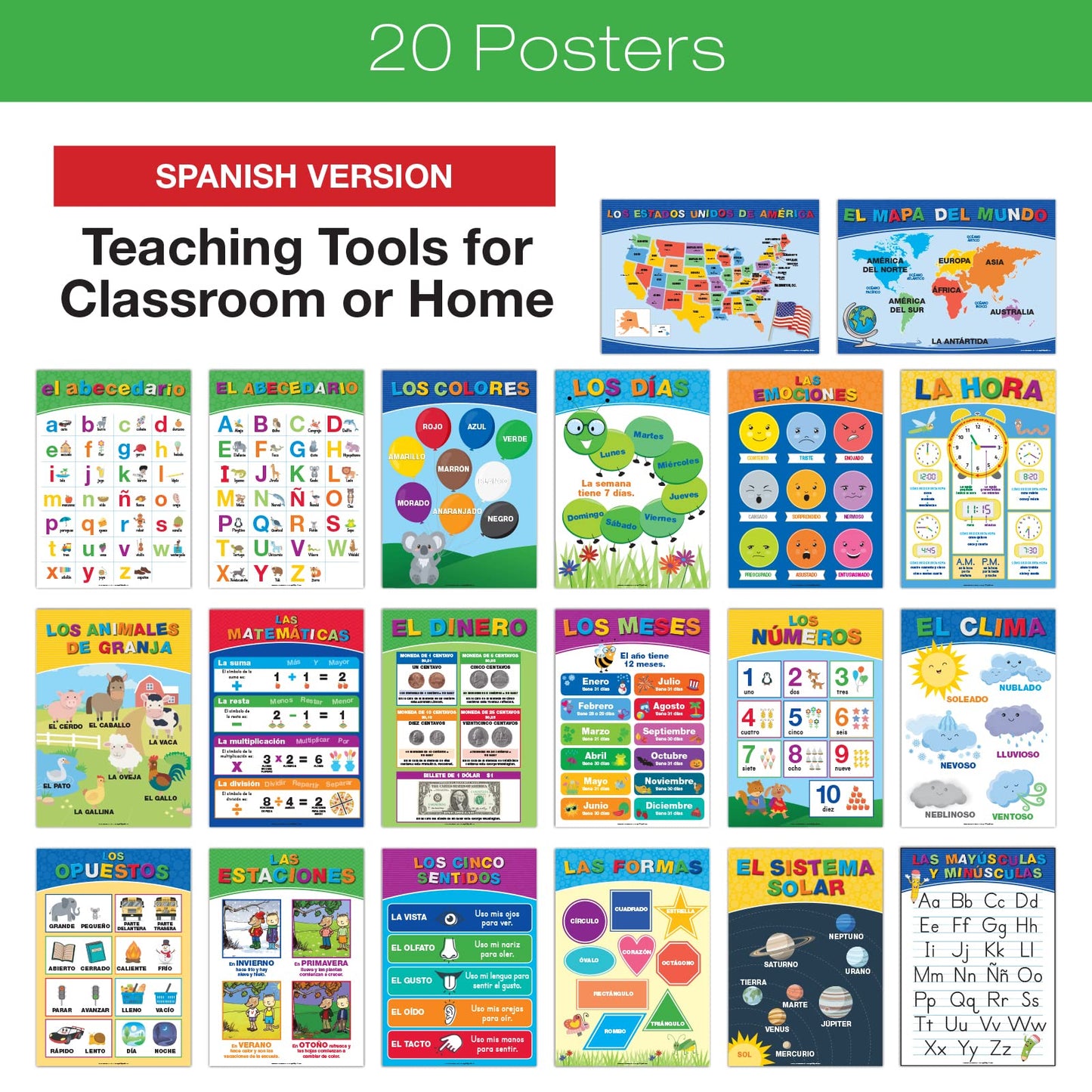 Global Printed Products, 20 Large Educational Posters For Kids (16.5x12 Double Sided English/Spanish) Alphabet Colors Letters Numbers Shapes Months Days Weather Time Animals Solar System Seasons Map