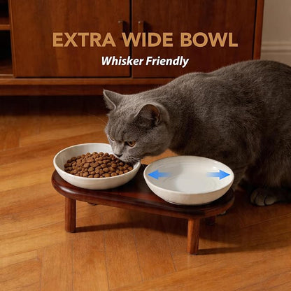 Havniva Elevated Cat Bowls Raised Ceramic Cat Bowl, 5.7” Wide Opening Cat Food Bowl Whisker Friendly Cat Dish Anti-Slip with Wood Stand, Shallow Pet Food & Water Bowl for Indoor Cats