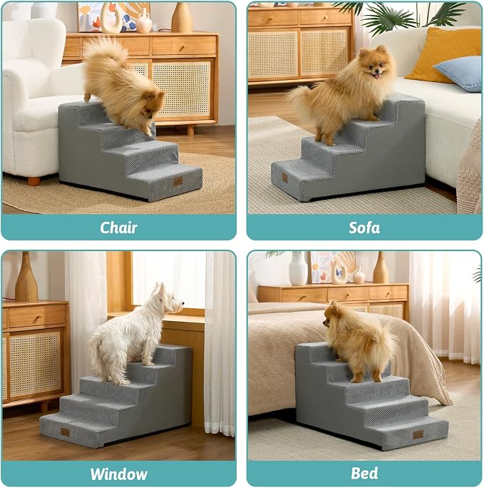COZY KISS Dog Stairs for Small Dogs 17.7" H, 5 Step Gentle Incline Pet Step for Couch and Beds, Right-Angle Dog Ramp for Puppy Doggie Senior Cats, 17.7x29.5x17.7 Inch, Grey