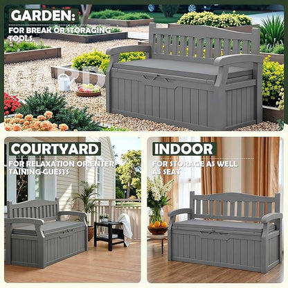Flamaker 80 Gallon Storage Bench with Cushions Outdoor Indoor, Durable All-Weather Seating with Hidden Storage, Lockable Deck Box for Garden, Patio, Poolside (Grey)