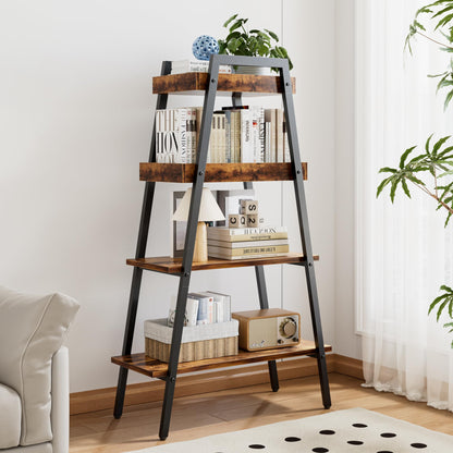 VECELO Book Shelf, 4 Tier Wooden Ladder Bookcase with Metal Frame, Enclosed Edges Combined with Open Display, Decorative and Plant Stand for Living Room/Farmhouse/Bedroom/Home Office-Brown