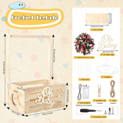 Wooden Baby Shower Crate Closet, Personalized Baby Gift Basket with Adjustable Handle, Include String Lights, Garland, 6 Hangers & 6 Clips - Unique Newborn Gift for Boys & Girls, Baptism,Birthday
