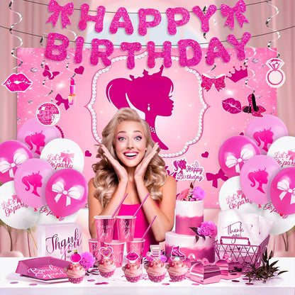 Hot Pink Birthday Party Decorations Supplies, with Pink Glitter Happy Birthday Banner, Backdrop, Balloons, Hanging Swirls, Cake & Cupcake Toppers for Kids, Girls and Women