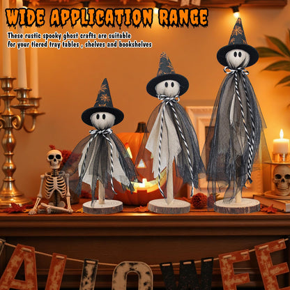 Halloween Decorations Ghost Shelf Sitters – Set of 3 Wooden Halloween decor with Witch Hats – Fabric Ghost Figures with Spiderweb Design – Table Decor for Tiered Tray, Mantel, Party Supplies(Black)