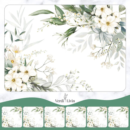 Verdi Livin Cork Placemats Set of 6 Matching Coasters I Heat Resistant Place Mats for Dining Table 16" x 12", Cork Backed, Wipeable White Lily Design