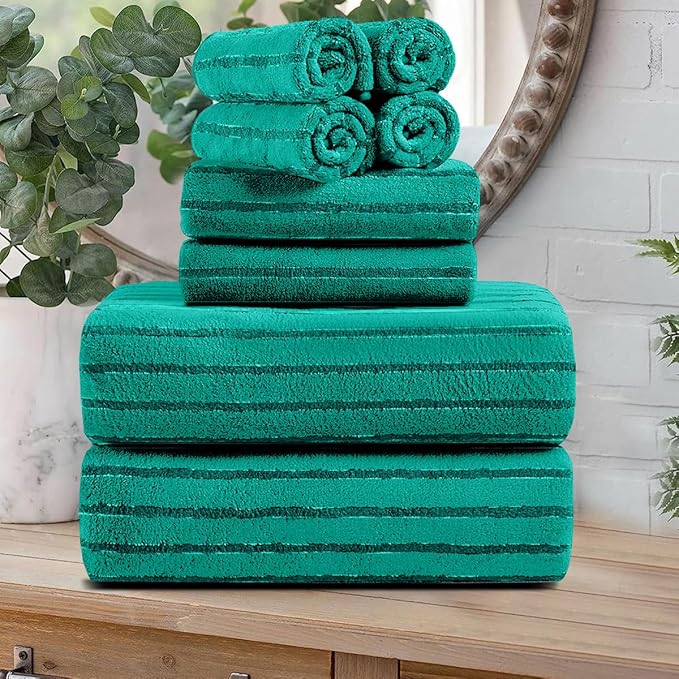 8 Pcs Blue Green Cabana Stripe Large Bath Towel Set