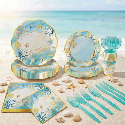 JLCFUTURE 140Pcs Beach Party Decorations Shells Ocean Plates and Napkins Summer Baby Shower Beach Birthday Party Supplies Coastal Paper Plates, Serve for 20 Guest
