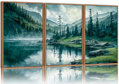 Tinonedraw Large Nature Forest Framed Canvas Wall Art Set, Boho Mountains Calming Lake Wall Decor, Green Pine Trees Artwork, Northern Wilderness Art Painting for Living Room Bedroom Office 16"x24"x3