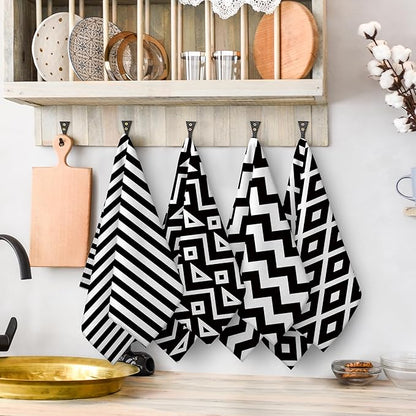 White Black Kitchen Towels Decorative Set of 4, Soft Absorbent Abstract Modern
