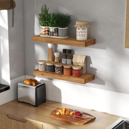 Fun Memories Wood Floating Shelves 24 Inch Long, Rustic Elm Wood Wall Shelves for Farmhouse, Living Room, Kitchen, Wall Mounted Bathroom Shelf Floating Shelf with Invisible Bracket Set of 2, Natural