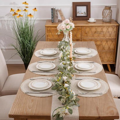 SHACOS Round Placemats Set of 4 Boho Braided Border Table Place Mats for Dining Table Wedding Holiday Party (Ivory Bordered, 4)