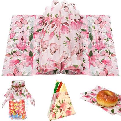 150 Sheets Watercolor Magnolia Butterfly Deli Paper, 9.8 x 8.3in Magnolia Blossom Pattern Grease Resistant Proof Sandwich Wrap Paper Liners Greaseproof for Home Kitchen