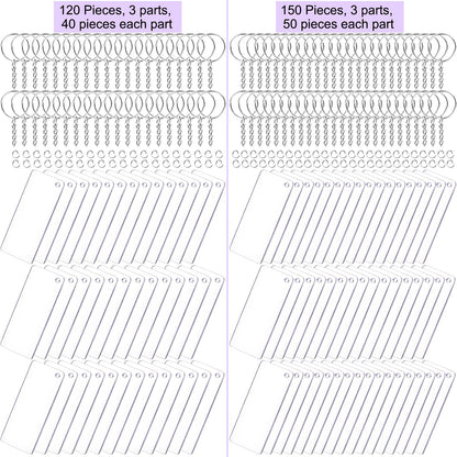 Duufin 120 Pieces Acrylic Keychain Blanks Set Including 40 Pieces Rectangle Acrylic Ornament Blanks (3 x 7cm) 40 Pieces Key Rings with Chain and 40 Pieces Jump Rings for DIY Projects and Craft