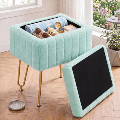 OLIXIS Vanity Stool Chair Faux Fur with Storage, Soft Ottoman 4 Metal Legs with Anti-Slip Feet, Makeup Cute Soft Small Footstool, Modern Style Faux Fur Seat for Makeup, Bedroom Dresser, Mint Green