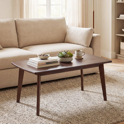 GOFLAME Solid Wood Coffee Table, 34.5" x 21" x 17" Mid-Century Modern Center Table with Storage, Curved Edges, Retro, Small Japanese Floor Table with Tapered Legs for Living Room, Apartment, Walnut