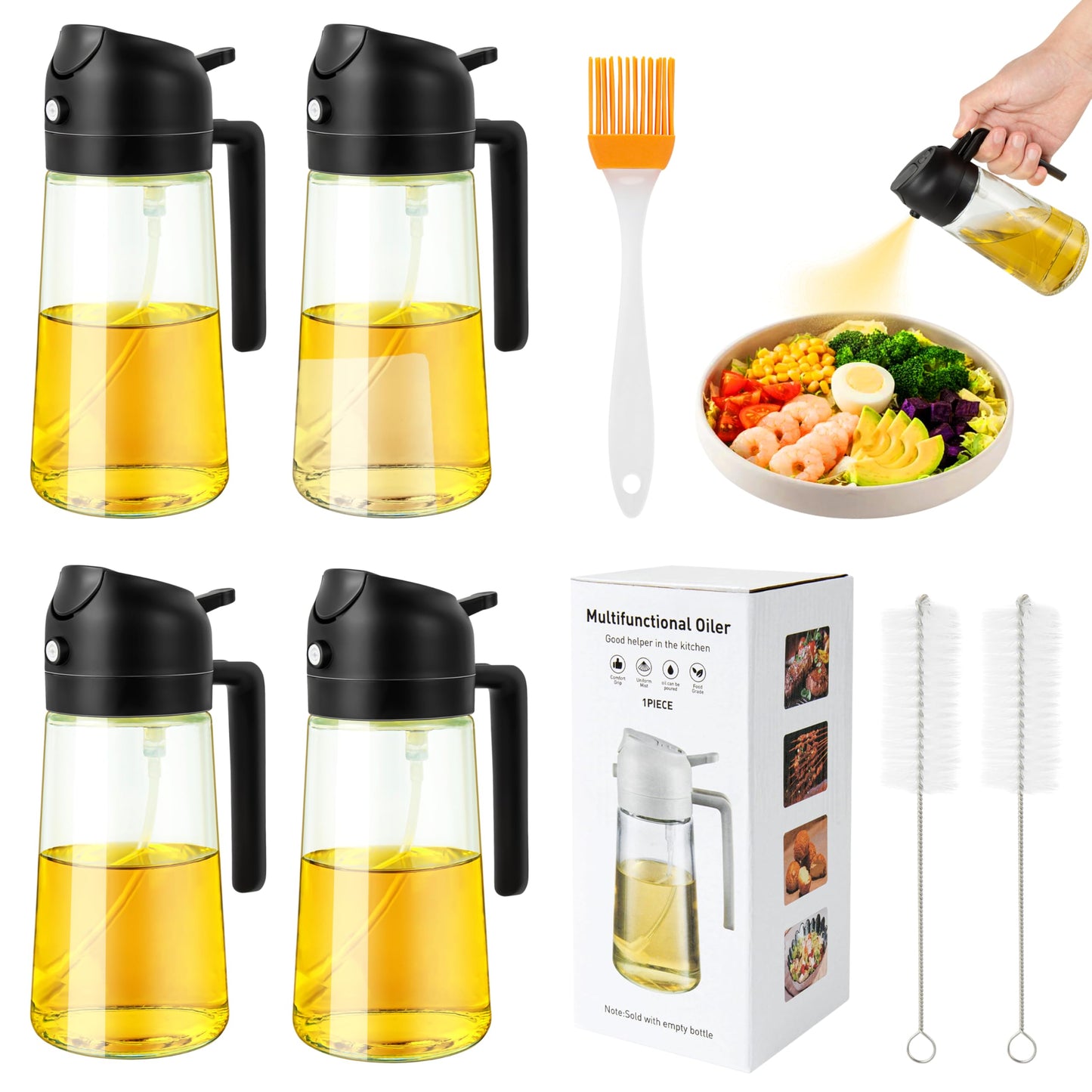 Ponpon Oil Sprayer for Cooking, 16oz Olive Oil Spray Bottle, Oil Dispenser for Kitchen for Barbecue, Salad, Cooking, Baking (Black)