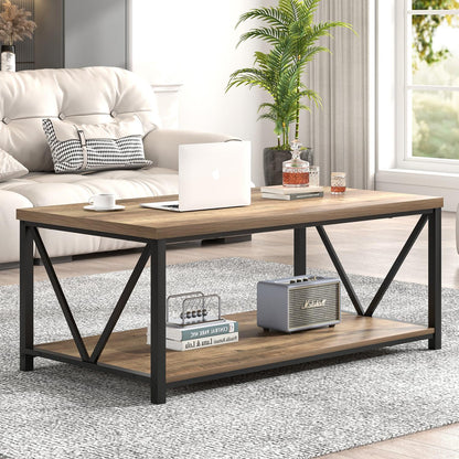 FOLUBAN Coffee Table with Storage Shelf, Modern Industrial Metal and Wood Living Room Table, Small Rectangle Cocktail Tea Table for Bedroom Home Office, Rustic Oak, 39.3 Inch