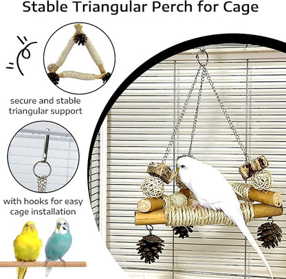 Bird Swing for Cage with Chew Toys, 3 Sisal-Wrapped Parrot Perches & Stable Triangle Design, Wooden Hanging Parakeet Toys Swing for Cockatiel Lovebirds Conures Quaker Balance Training (S)