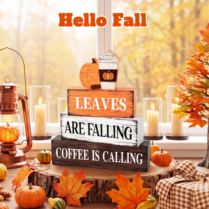 4 Pcs Fall Decor Wooden Tiered Tray Decor, Pumpkin Coffee Fall Decorations Gifts for Home, Autumn Thanksgiving Table Centerpiece for Autumn Harvest Party Kitchen