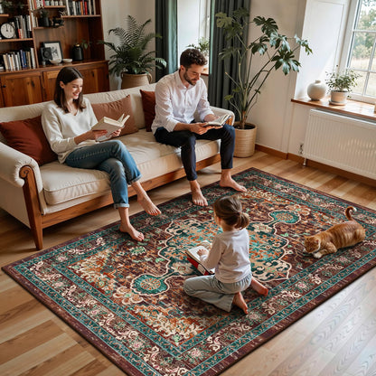 U'Artlines Boho Vintage Area Rug 5x7 Machine Washable Low Pile Ultra-Thin Soft Floor Carpet Non Slip Non Shedding Accent Rug for Living Room Bedroom Entryway Dining Room Office(Rust＆Teal)