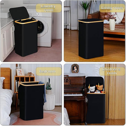 100L Laundry Hamper with Lid, Lagre Basket with Bamboo Handles, Foldable