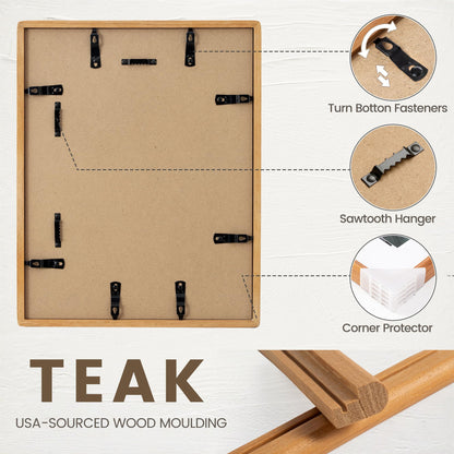 11x14 Picture Frame, USA-Sourced Natural Teak Wood Photo Frame with Tempered Glass, Handcrafted Rounded Corner 11 x 14 Wooden Frame Matted to 8x10 Photos, Hanging Hooks Included