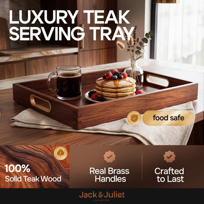 Jack & Juliet Teak Wood Ottoman Tray – Wooden Multifunctional Tray with Real Brass Handles - Non Slip Base in Food-Safe Finish - Gift-Ready Packaging for Coffee Table and Home Decor (Walnut)