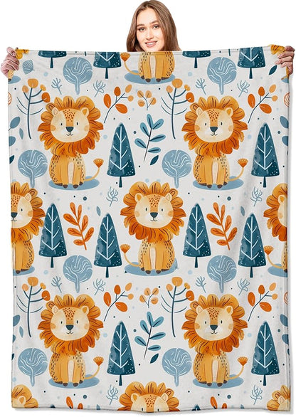 Cute Lion and Forest Blanket,Fun Cartoon Jungle Theme Throw Blankets,Birthday Gifts for Kids & Animal Lovers,Lightweight Soft Fleece,for Picnic Sofa Couch Bed Room Travel,Modern Decor,60x80in