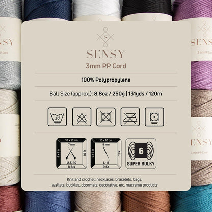 Sensy Premium 3mm 131 Yards Polyester Rope 100% Polypropylene Cord Macrame Cord 3mm Crochet Bag Cord Macrame Rope Crochet Thread Gift for Knitter (Grey)