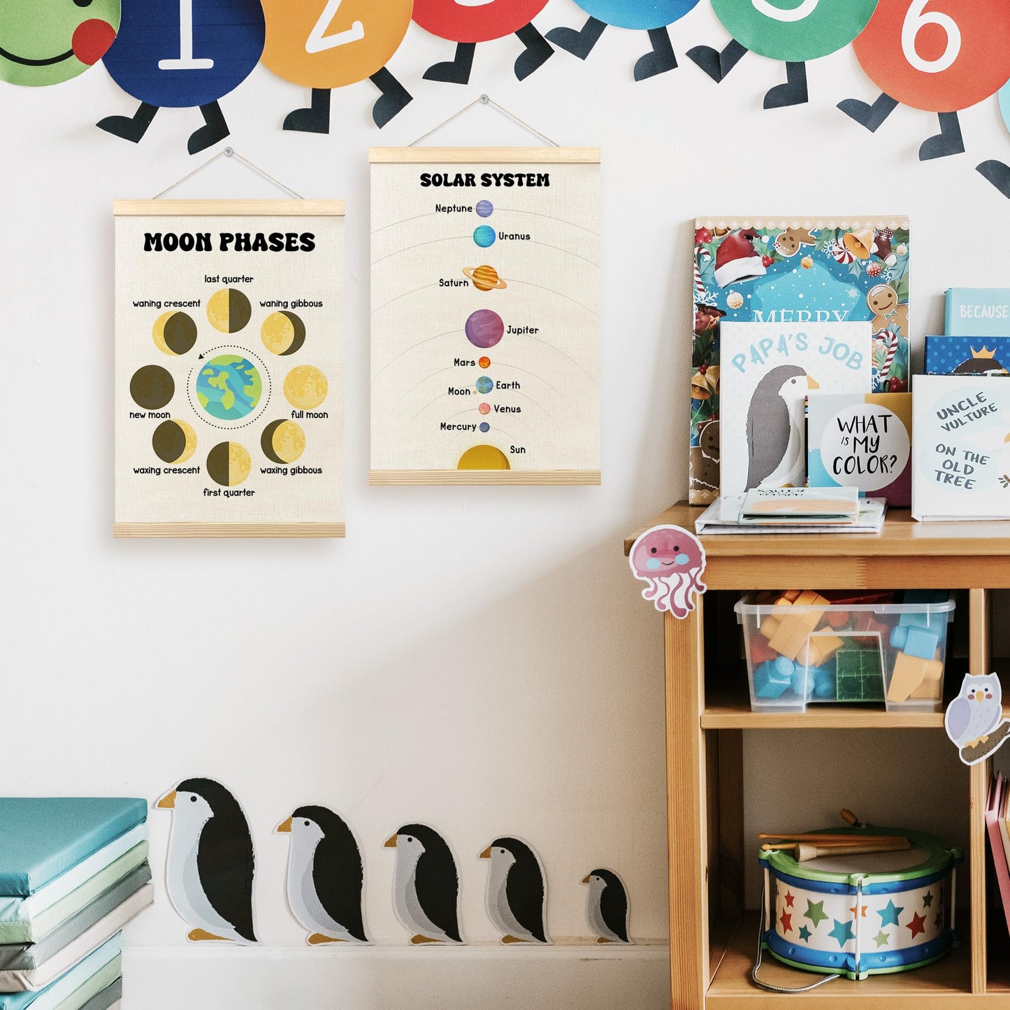 TLESKE Classroom Moon Phases Solar System Space Poster Hanger Frame Set of 2, Homeschool Hanging Wall Art Room Decor for Toddlers Kid Nursery Playroom, Preschool Prek Learning Educational Print, 12x16