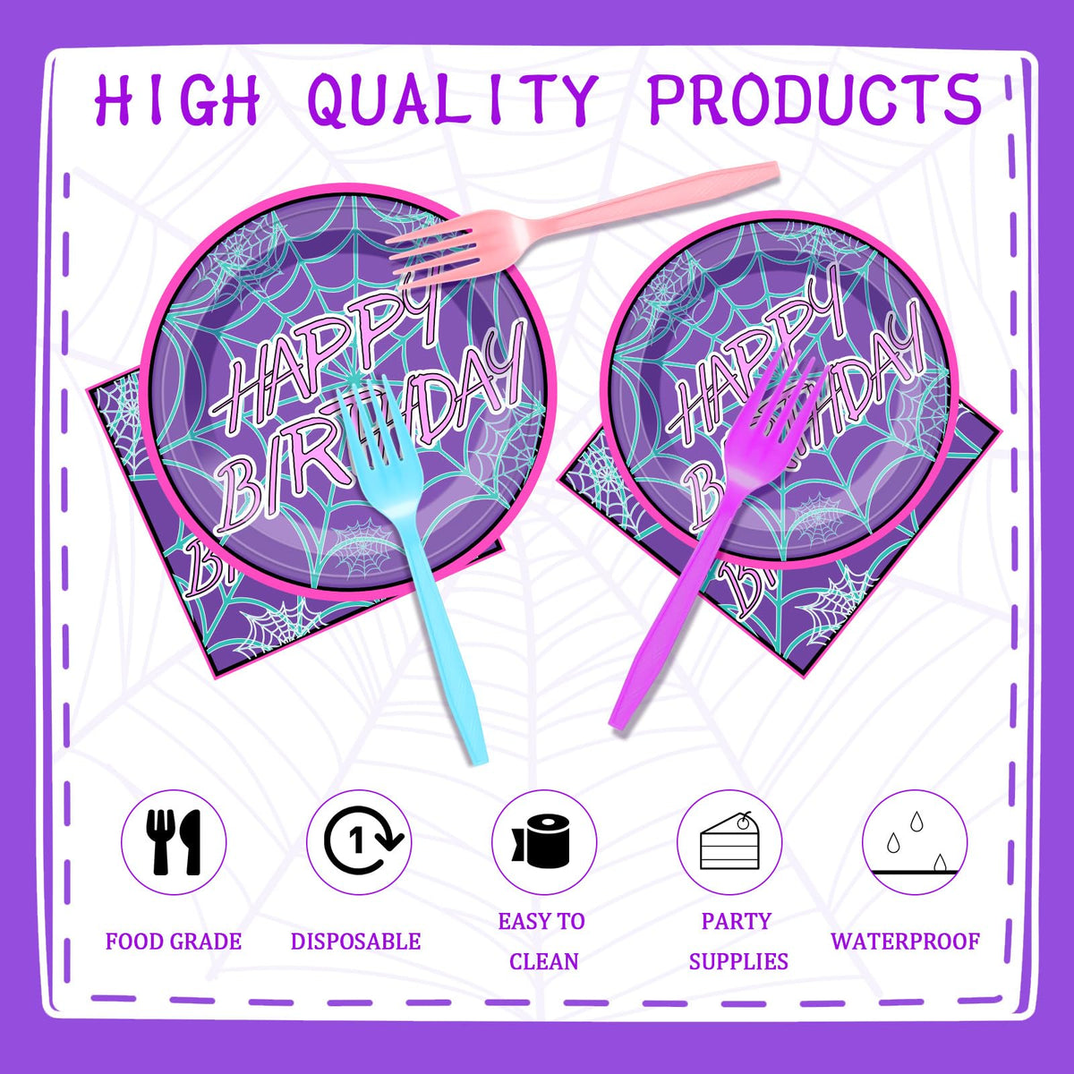 FoldTier 24 Set Spider Birthday Supplies and Decorations Spiderweb Party Plates and Napkins Spider Tablecloth and Banner for Halloween Christmas Party Favor(1 Tablecloth,Purple Happy Birthday)