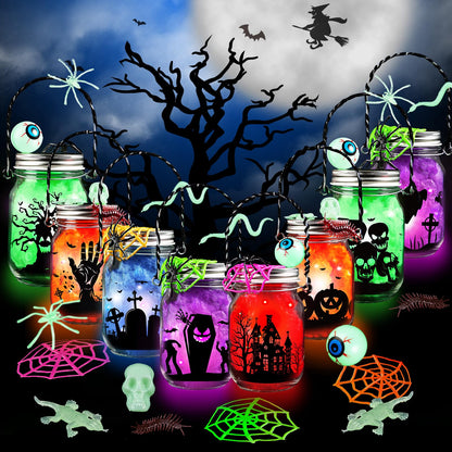 Shemira Halloween Craft Kit for Kids,8 pcs Glass Mason Jar with Accessories for DIY Lantern Jar, Halloween Art & Craft Party Supplies, Halloween Art Activities, Crafts and Arts Party Supplies