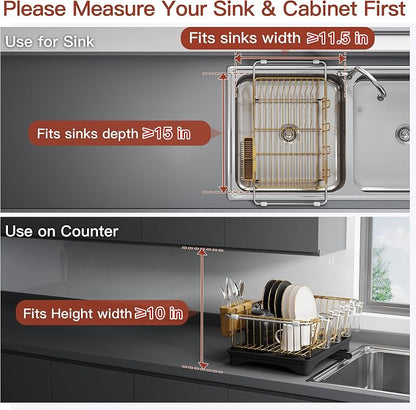 JASIWAY Gold Dish Drying Rack in Sink, Expandable Stainless Steel Dish Drainers with Drainboard for Kitchen Counter, Space Saving Dish Dryer Rack, Over The Sink Dish Racks with Utensil Holder