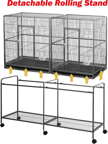 Extra Large Double Birdhouse Treehouse Bird Flight Parrot Center Divider Cage Feeder Doors Side Breeding Doors Easy Clean Pull Out Tray with Detachable Rolling Stand