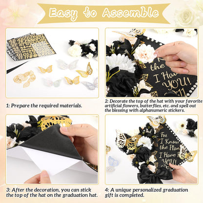 55 Pcs Black Gold DIY Graduation Cap Decorations Faux Assorted Flowers White Bows 3D Butterfly Stickers Glitter Alphabet Letter Number Decals for DIY Hat Grad Cap Topper Graduation Party Supplies