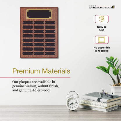 SHOP AWARDS AND GIFTS 12 x 16 Inch Perpetual Plaque Award Multiple Name Plate Board for Employee Appreciation, Recognition, Achievement, Walnut Finish with Black and Gold Header, 24 Name Plates