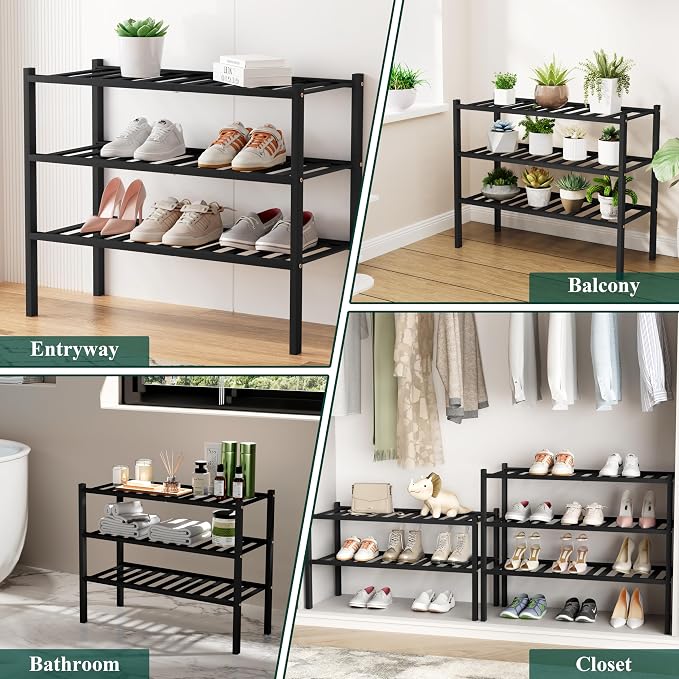 Smiry Small Bamboo Shoe Rack, 5 Tier Free Standing Wooden Shoe Organizer, Stackable Wood Shoe Storage Shelf for Closet, Entryway, 12 Vertical Slats, 2+2+1 Stack Standard Legs, 17.3"x11"x32.5", Black