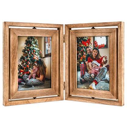 Emfogo 5x7 Picture Frame Rustic Wood Hinged Folding Double Photo Frame, Double Sided Display Rotatable High Definition Glass Collage Picture Frames Vertically on TableTop (Carbonized Black)