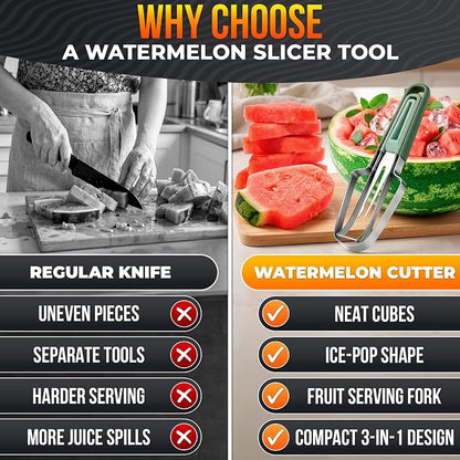 3-in-1 Watermelon Slicer Tool — Stainless Steel Portable, Mess-Free Multi-Use Kitchen Gadget for Summer Picnic, BBQ, Pool Party, Family Hosting, Hostess Gift — Watermelon Cutter Slicer Tool Kit